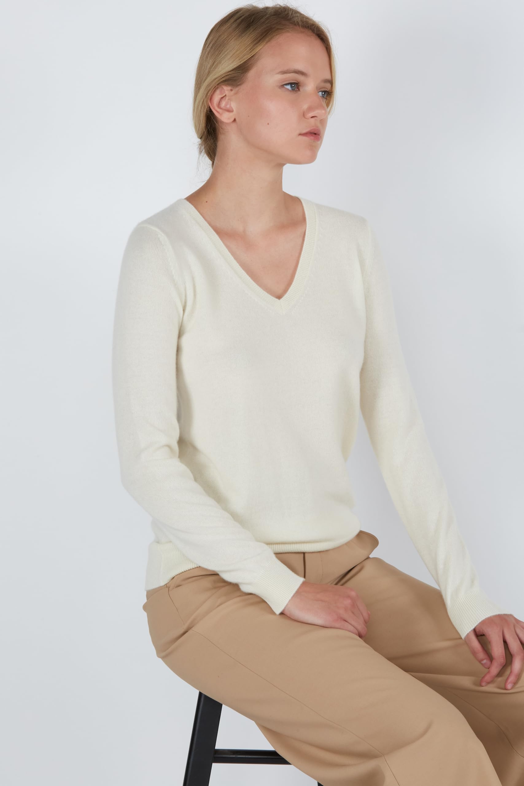 JENNIE LIU Women's 100% Pure Cashmere Long Sleeve V-Neck Pullover Sweater - Soft & Warm Winter Knitwear for Office, Date Night & Casual Outfits
