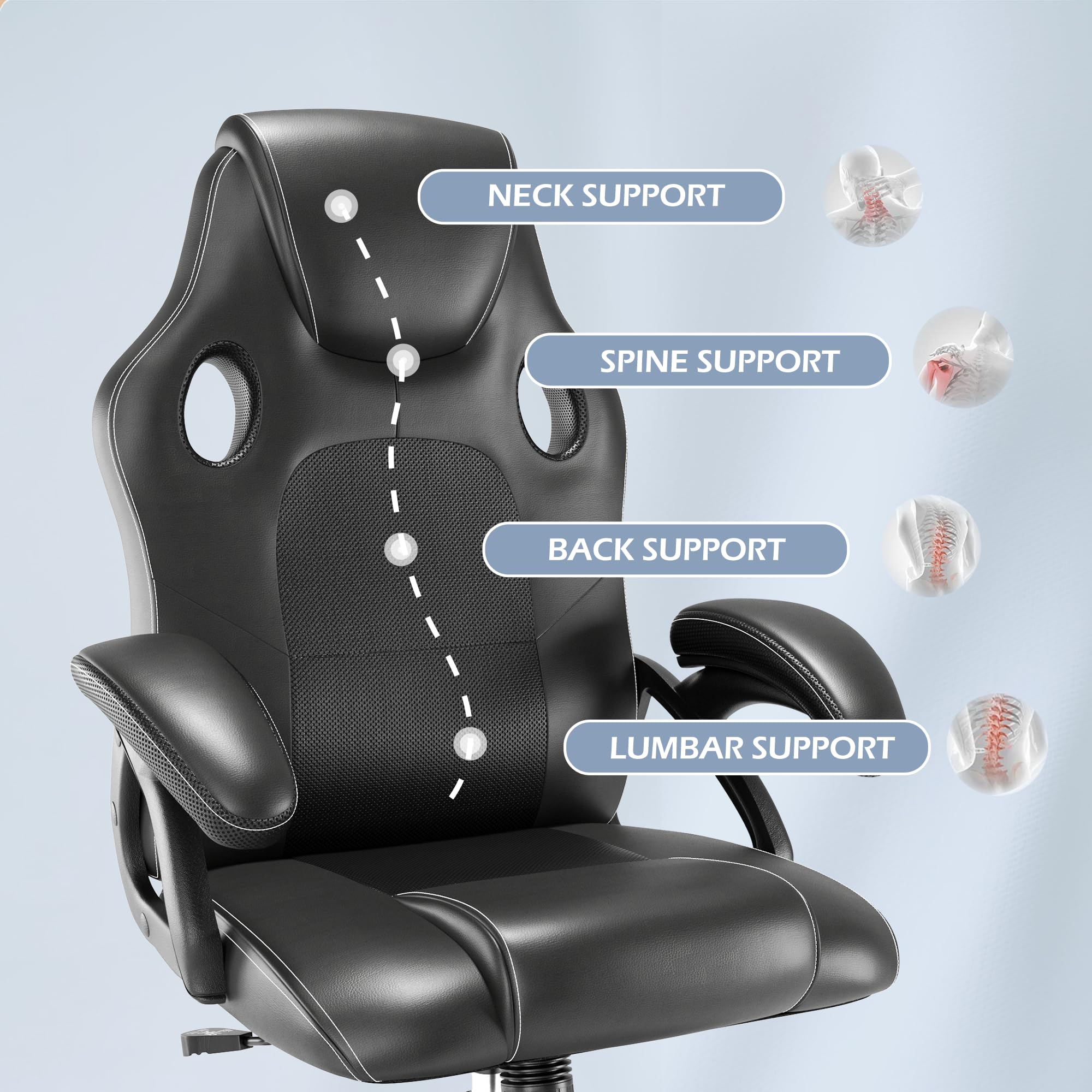 Ergonomic Gaming Chair - Black Leather Racing Style PC & Office Chair with Swivel Base for Computer Work & Desk - Perfect for Home Gaming, Work from Home & Office Use