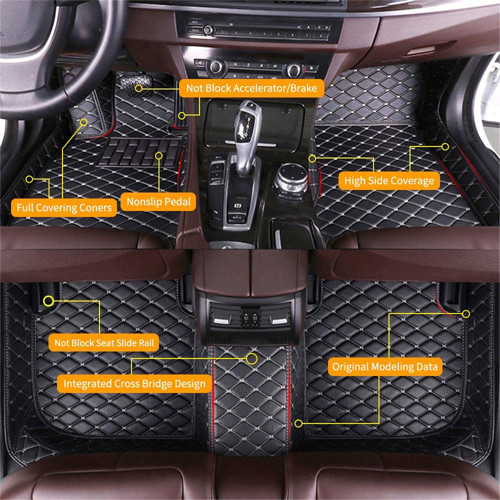 SureKit Custom Car Floor Mats for BMW X5 E70 (2008-2013) - Waterproof Anti-Slip Luxury Leather Full Coverage Liners - Front & Rear Set in Black/Beige - Perfect for All-Weather Protection & Interior Style Enhancement