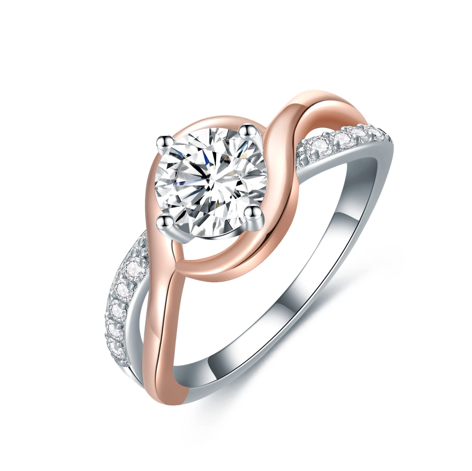 Twisted Sterling Silver Moissanite Engagement Ring for Women - 1 Carat (ctw) Two-Tone Round Elegant Split Shank Bridal Ring - Perfect for Wedding, Anniversary, Valentine's Day, Birthday & Christmas Gifts - Ideal for Brides, Wives & Romantic Occasions
