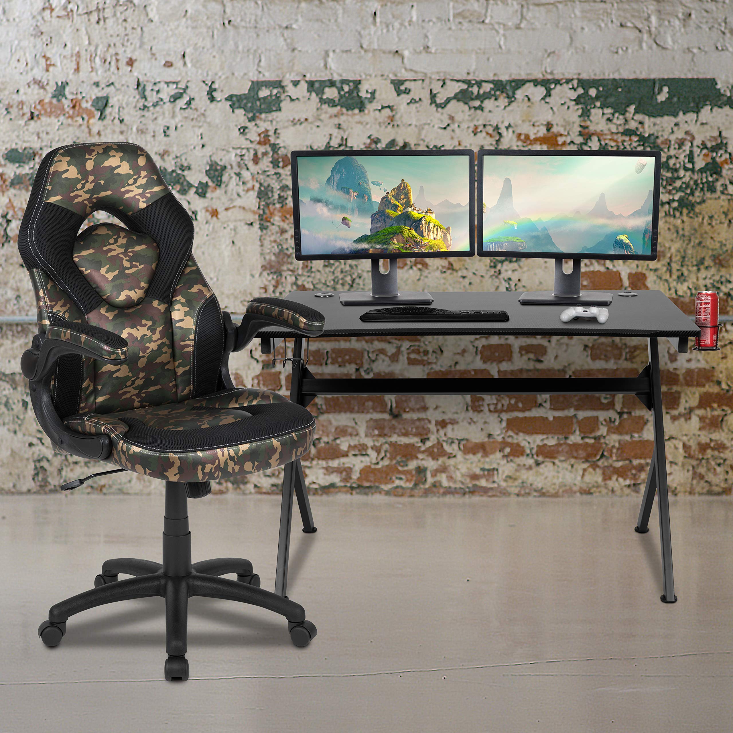 Premium Black Gaming Desk & Camouflage Racing Chair Set with Cup Holder, Headphone Hook & Cable Management - Ergonomic PC Gaming Setup for Esports, Streaming & Home Office