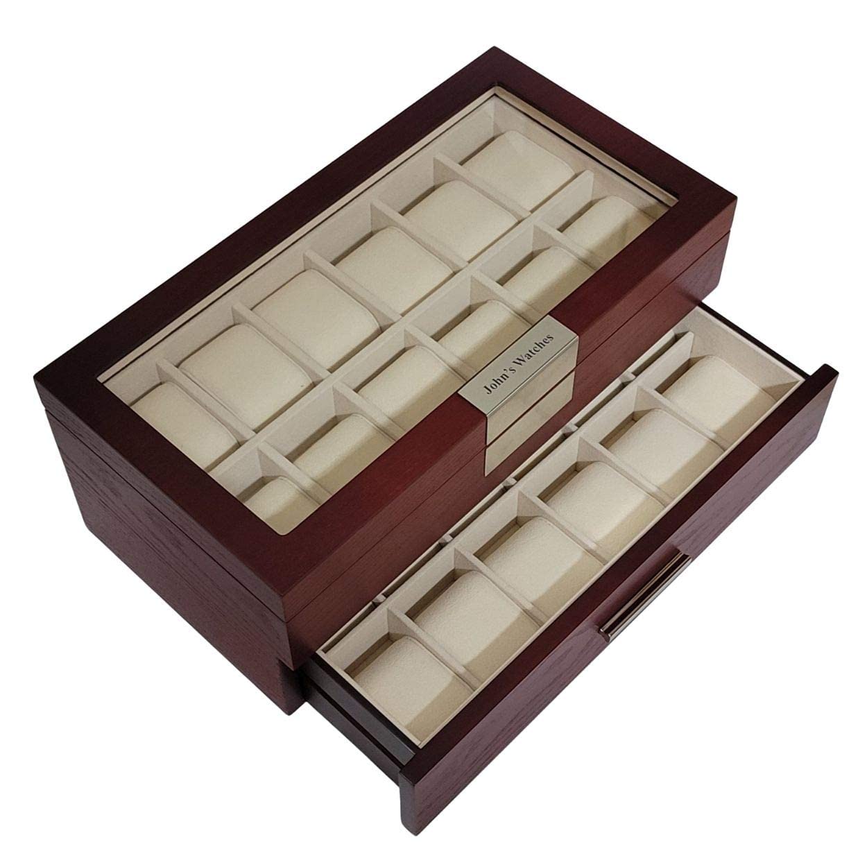 24-Slot Oversized Cherry Wood Watch Box - Extra Large 2-Tier Jewelry Organizer with Glass Top for Luxury Big Face Watches | Perfect for Watch Collectors & Gift Giving
