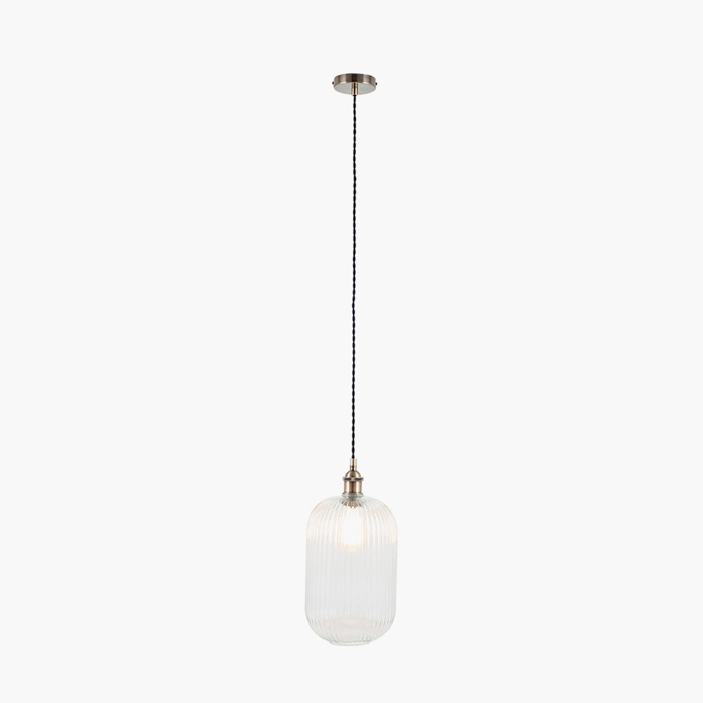 Clear Ribbed Glass Tall Pendant Light Fixture - Modern Hanging Chandelier for Dining Room, Kitchen Island & Entryway Lighting