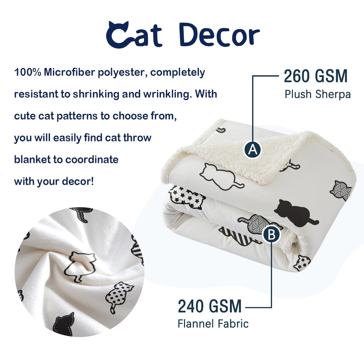 SOULZZZ Soft Fleece Sherpa Cat Blanket - Cozy Plush Throw for Women, Girls & Cat Lovers - Cute Kawaii Kitten Design (50x60 Inches, Black & White) - Perfect for Bed, Sofa, Reading Nook & Gift Giving
