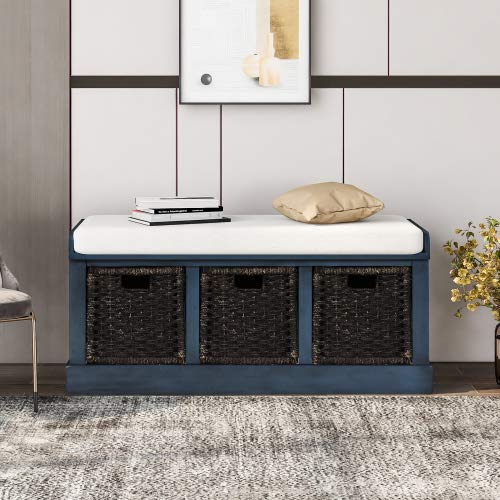 Wooden Storage Bench with 3 Rattan Baskets & Removable Cushion - Antique Navy Entryway Bench for Hallway, Bedroom, or Living Room Organization