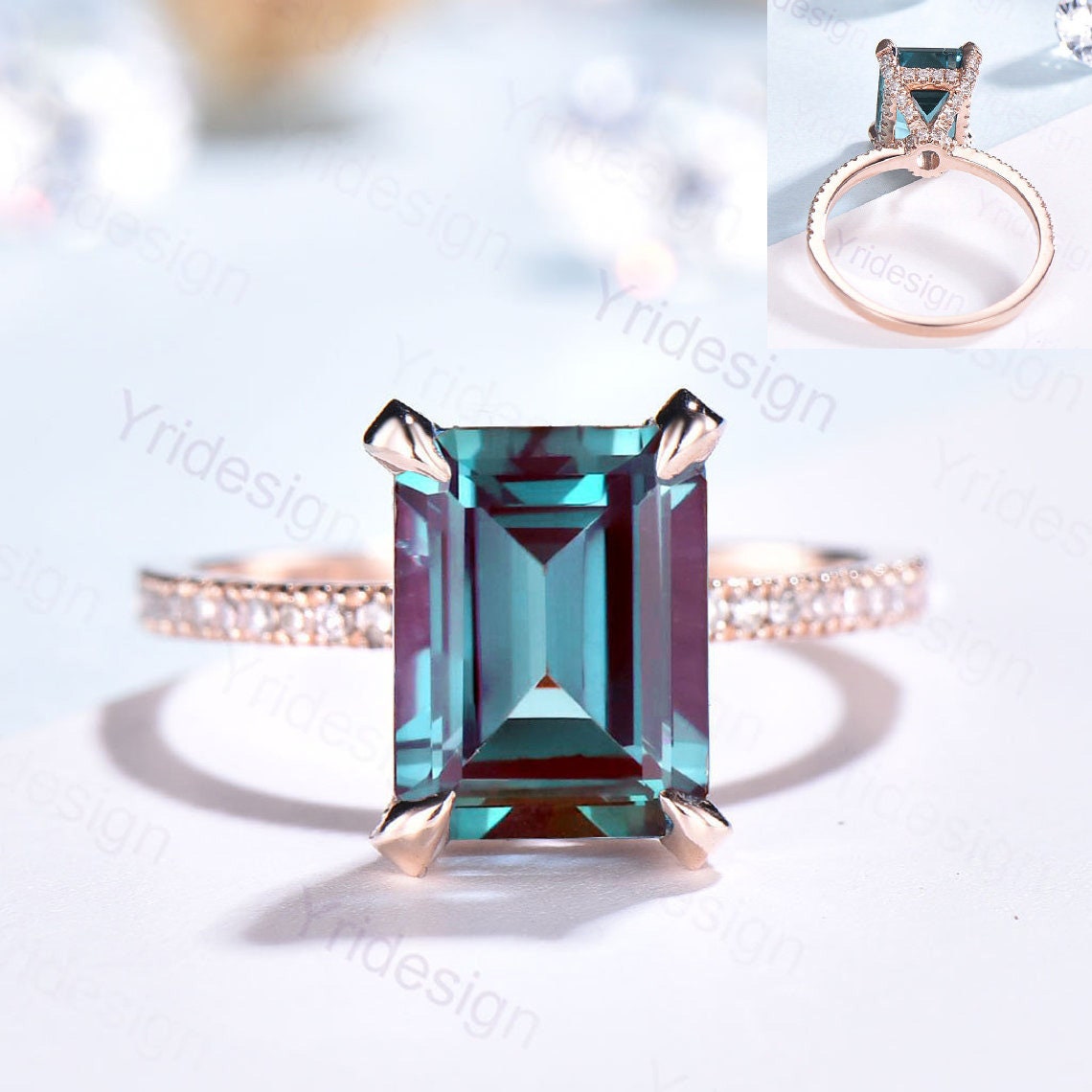 6CT Emerald Cut Alexandrite Ring 14K Rose Gold Engagement Ring with Hidden Halo Moissanite - Elegant Anniversary Gift for Women, Perfect for Weddings, Proposals & Special Occasions