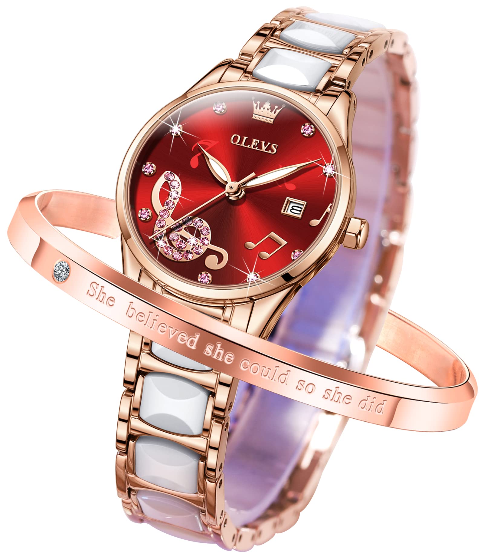 OLEVS Women's Rose Gold Ceramic Watch - Elegant Quartz Stainless Steel Waterproof Ladies Wristwatch with Luminous Hands | Perfect for Office, Party & Everyday Wear