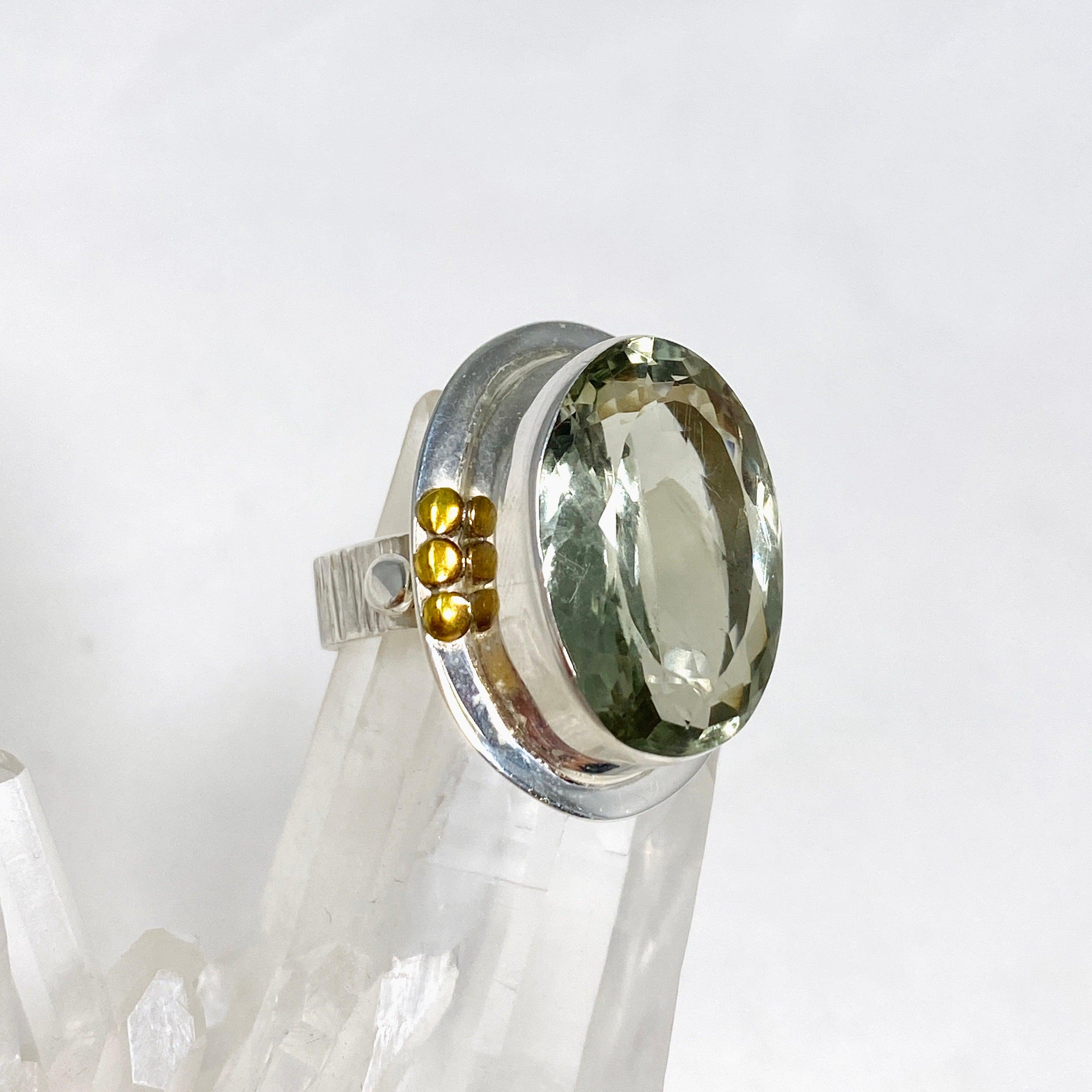 Prasiolite (Green Amethyst) Oval Faceted Ring with Brass Accents - Size 8 - KRGJ3170 - Elegant Jewelry for Women, Perfect for Weddings, Parties & Special Occasions