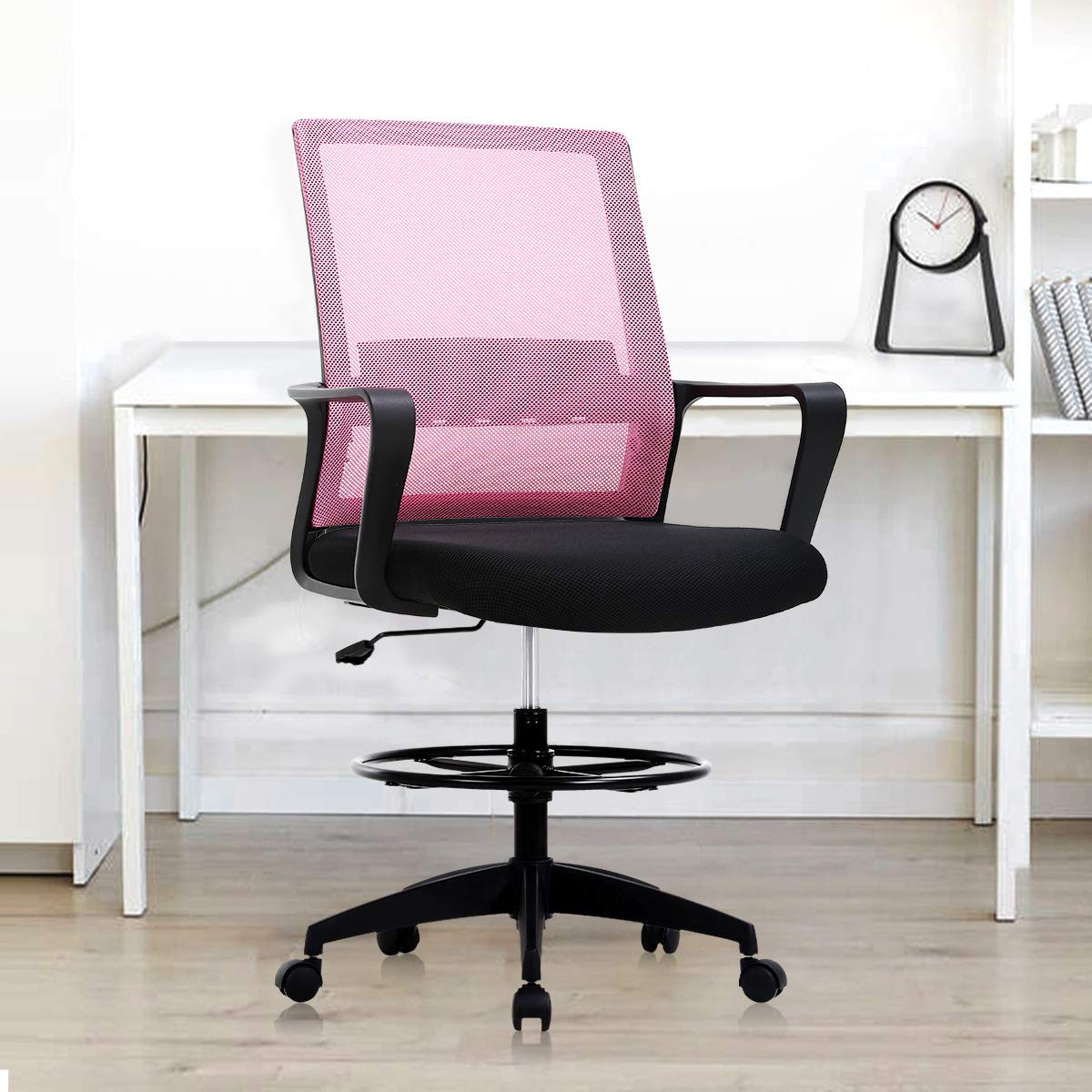 Ergonomic Drafting Chair with Adjustable Foot Ring & Mid-Back Mesh Design - Lumbar Support Office Chair for Standing Desks, Computer Work & Reception Areas - Pink Swivel Task Chair for Artists, Architects & Home Office Professionals