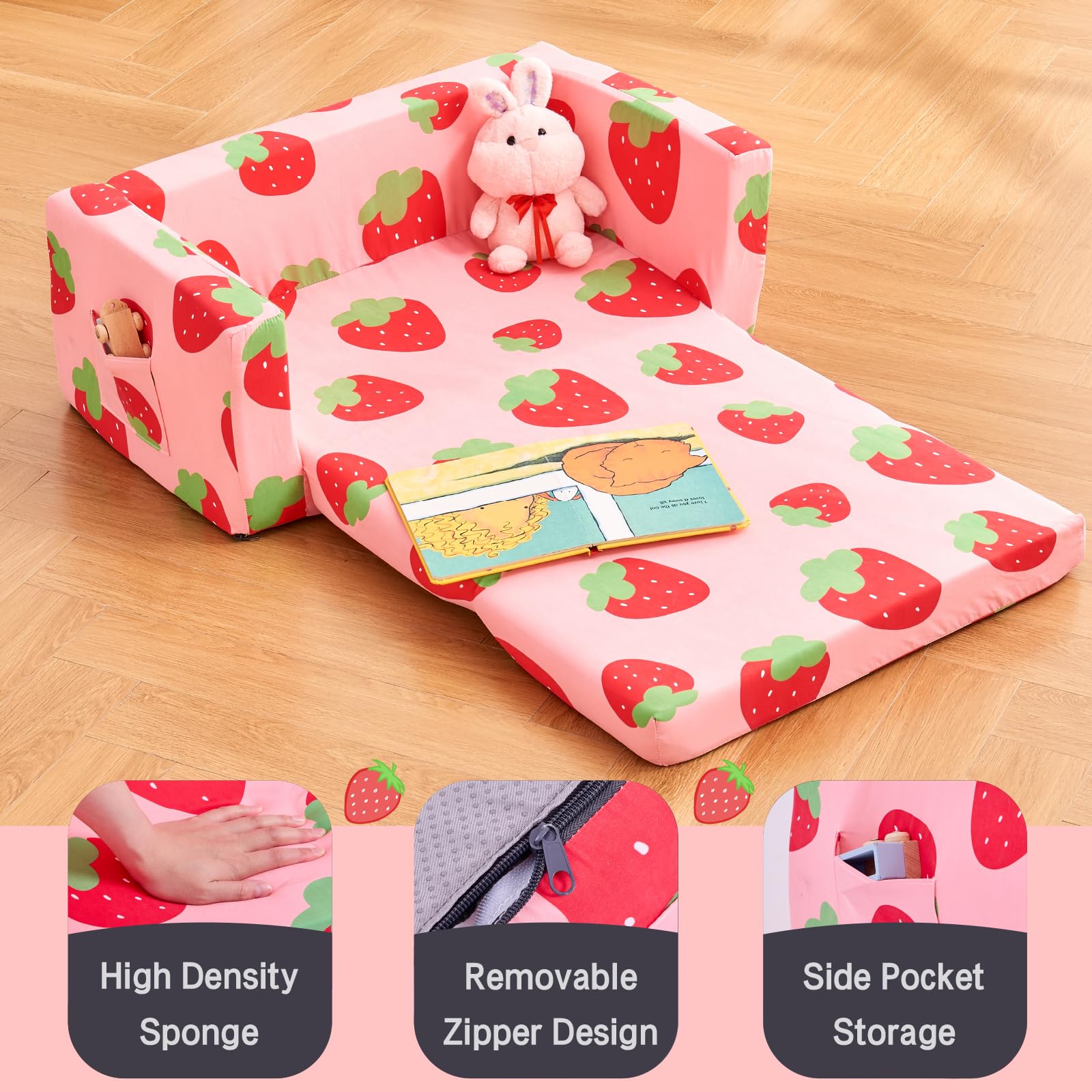 2-in-1 Convertible Toddler Couch & Lounger - Foldable Kids Sofa Chair for Boys & Girls - Soft Baby Play Furniture for Nursery, Playroom & Living Room - Perfect Toddler Gift (Strawberry Red, Large Size)
