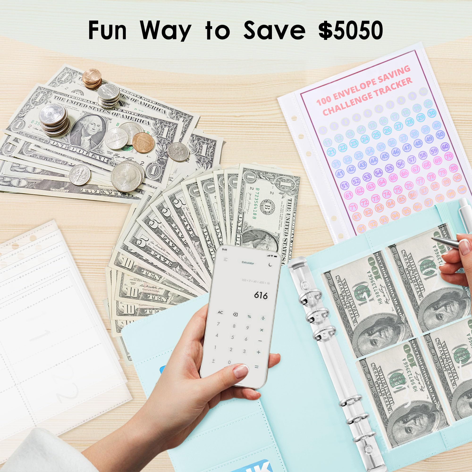 100 Envelopes Money Saving Challenge Binder - Budget Organizer with Cash Envelopes for $5,050 Savings Goal - Light Blue - Perfect for Personal Finance Management & Cash Budgeting System