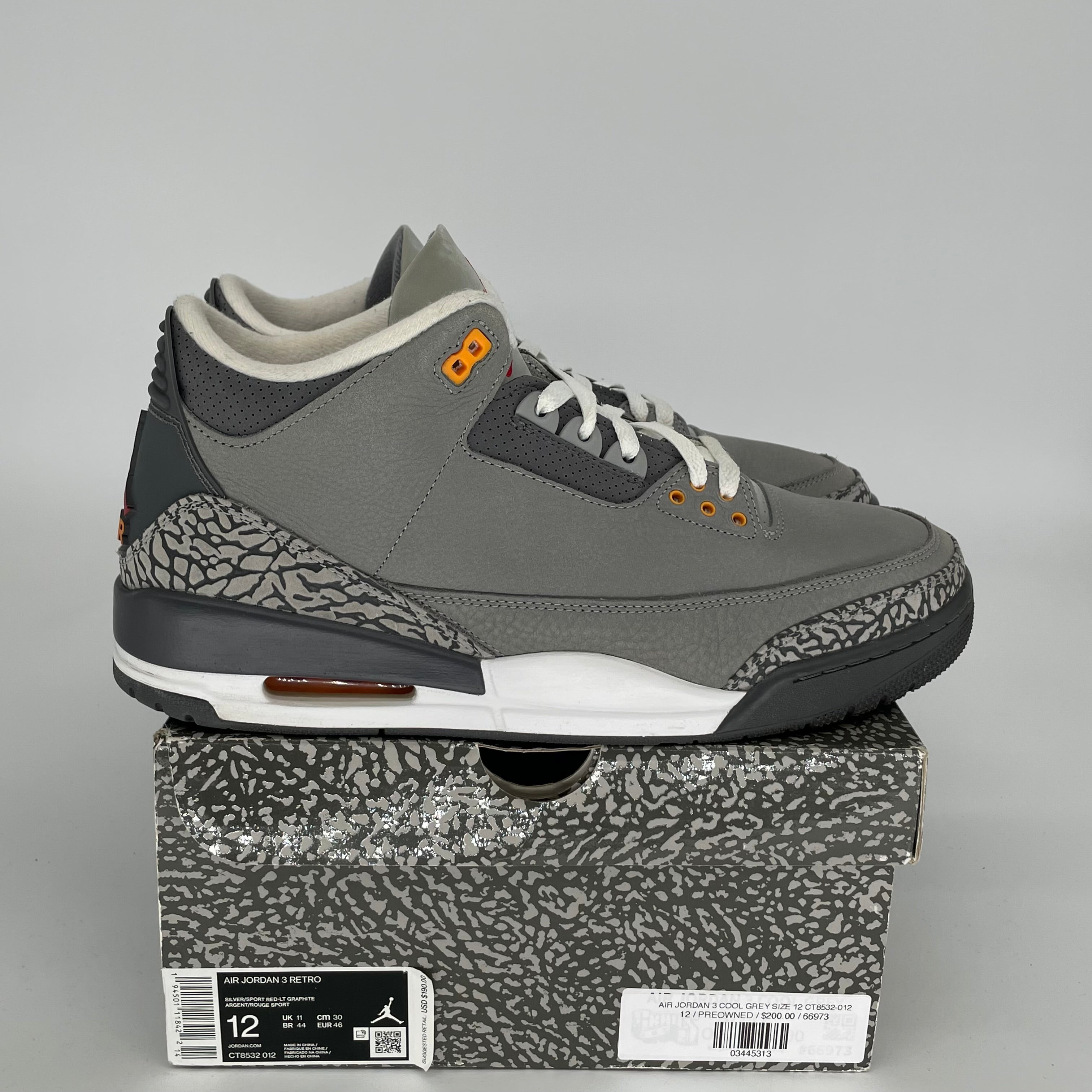 AIR JORDAN 3 COOL GREY Men's Basketball Shoes Size 12 - Retro Style Sneakers CT8532-012 for Casual Wear, Street Fashion & Sports Performance