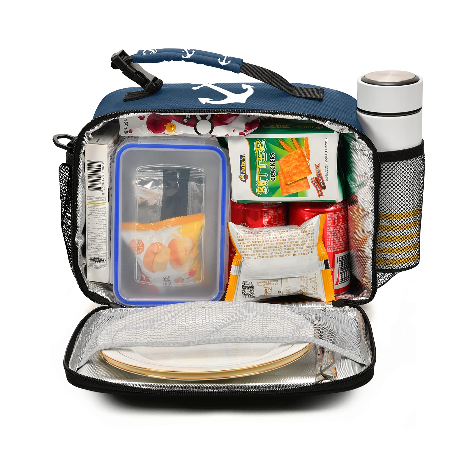 Insulated Blue Lunch Box with White Anchor Design - Reusable Cooler Lunch Bag for Women, Men, Kids - Perfect for School, Work, Picnic & Outdoor Activities
