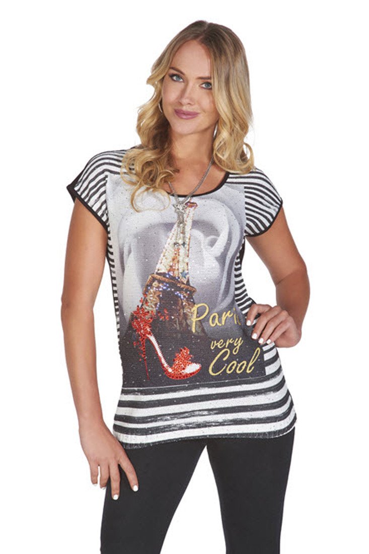 Tricotto Paris Cool Short Sleeve Top with Mini Sequins, Stripes & Rhinestone Accent - Trendy Women's Blouse for Party, Night Out & Special Occasions