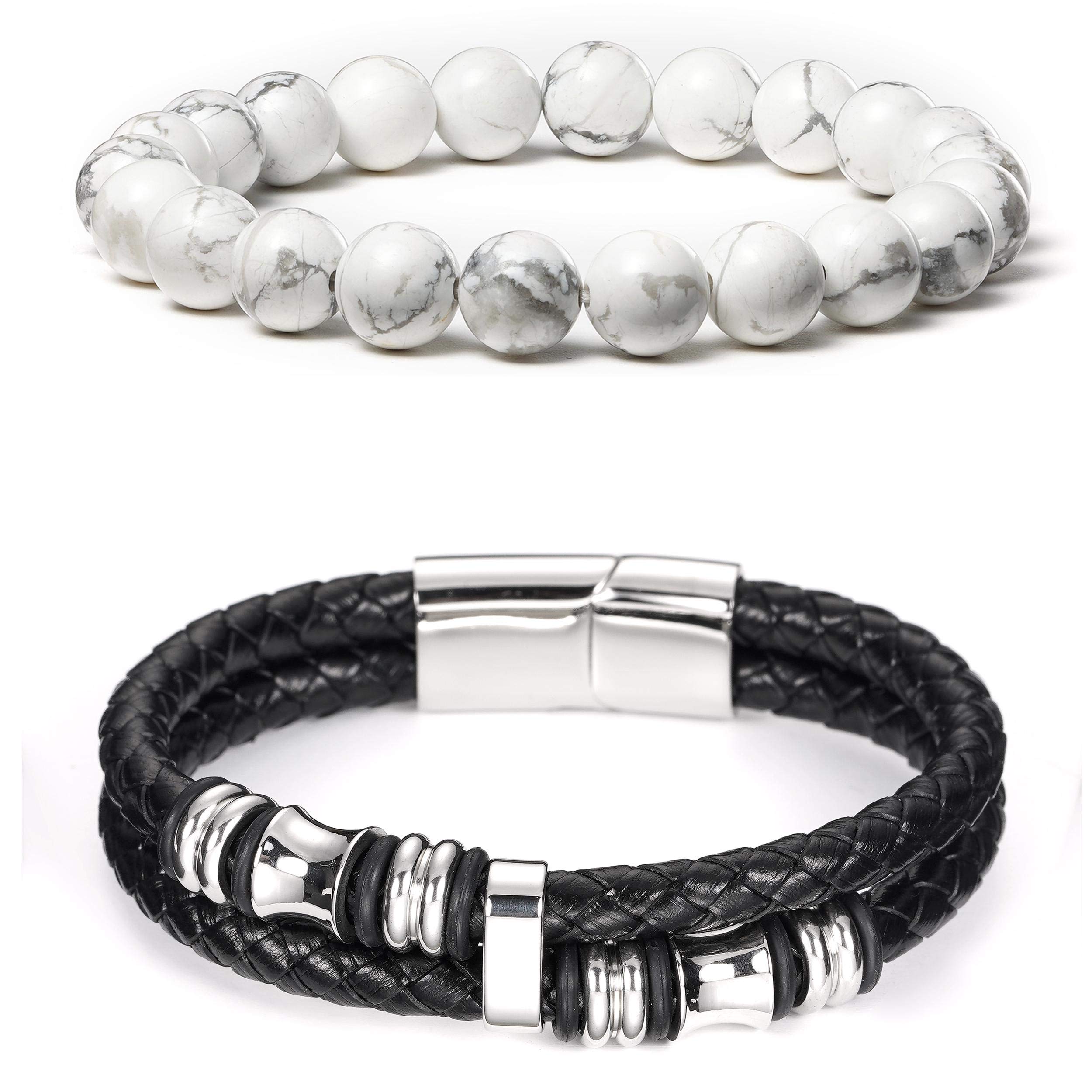BINLUN 2Pcs Men's Black Braided Leather Bracelet with Magnetic Clasp & White Turquoise Healing Beads - Woven Leather Bracelets Set for Casual Wear, Gifts, and Spiritual Healing