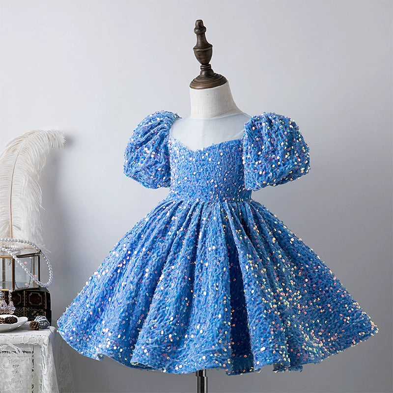 Royal Blue Princess Round Tea-Length Sequined Flower Girl Dress for Weddings & Special Occasions - Perfect for Bridal Parties & Formal Events