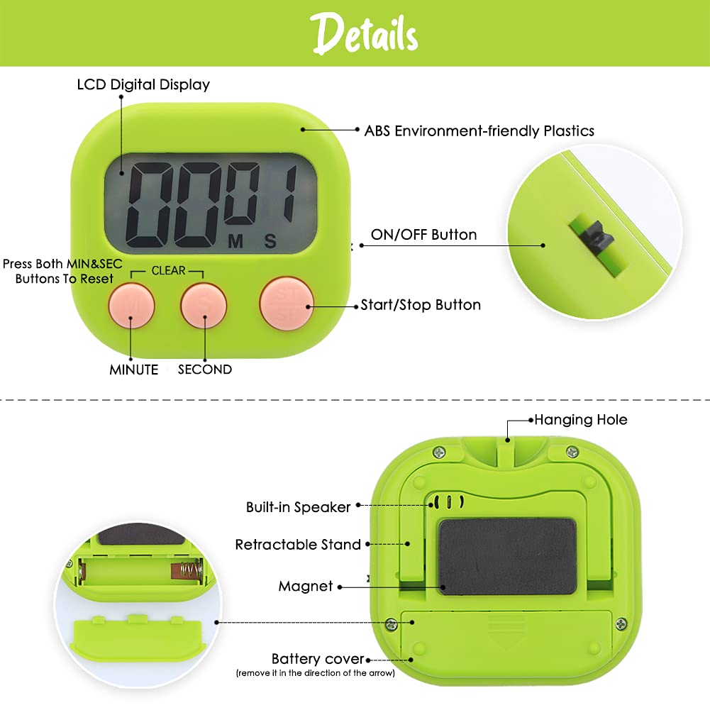 4-Pack Magnetic Digital Kitchen Timer with Loud Alarm - Colorful Countdown Stopwatch for Cooking, Boiling Eggs, Shower, Toothbrushing | Perfect for Home, Classroom, Gym & Kids Activities