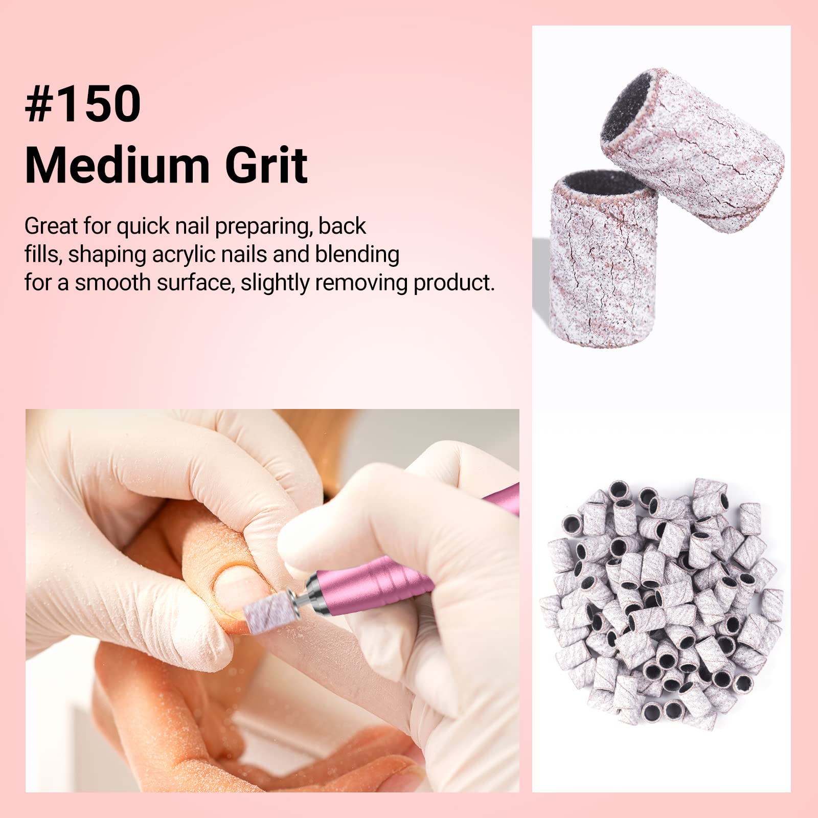 MelodySusie 100 Pcs Nail Drill Bits Sanding Bands - 150 Medium Grit Nail File Sanding Bands for Acrylic Nails, Gel Manicures & Pedicures | Professional Nail Art Tools for Salon & Home Use