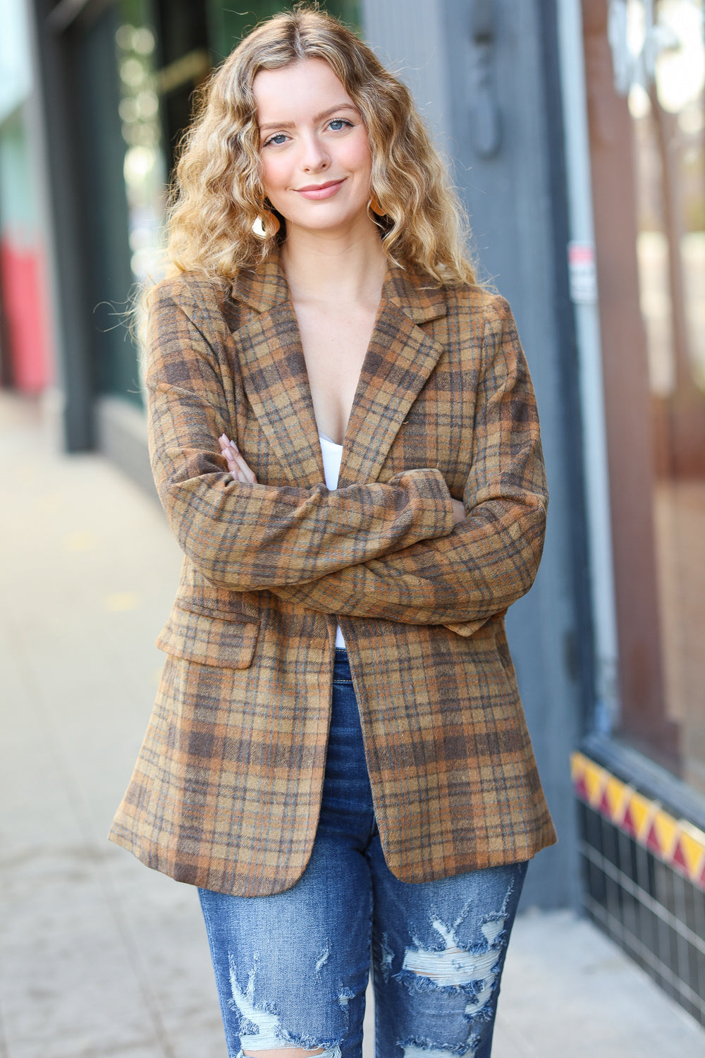 Make It Happen Spice Plaid Tailored Collar Lapel Blazer for Women - Stylish Office Wear & Business Casual Outfits