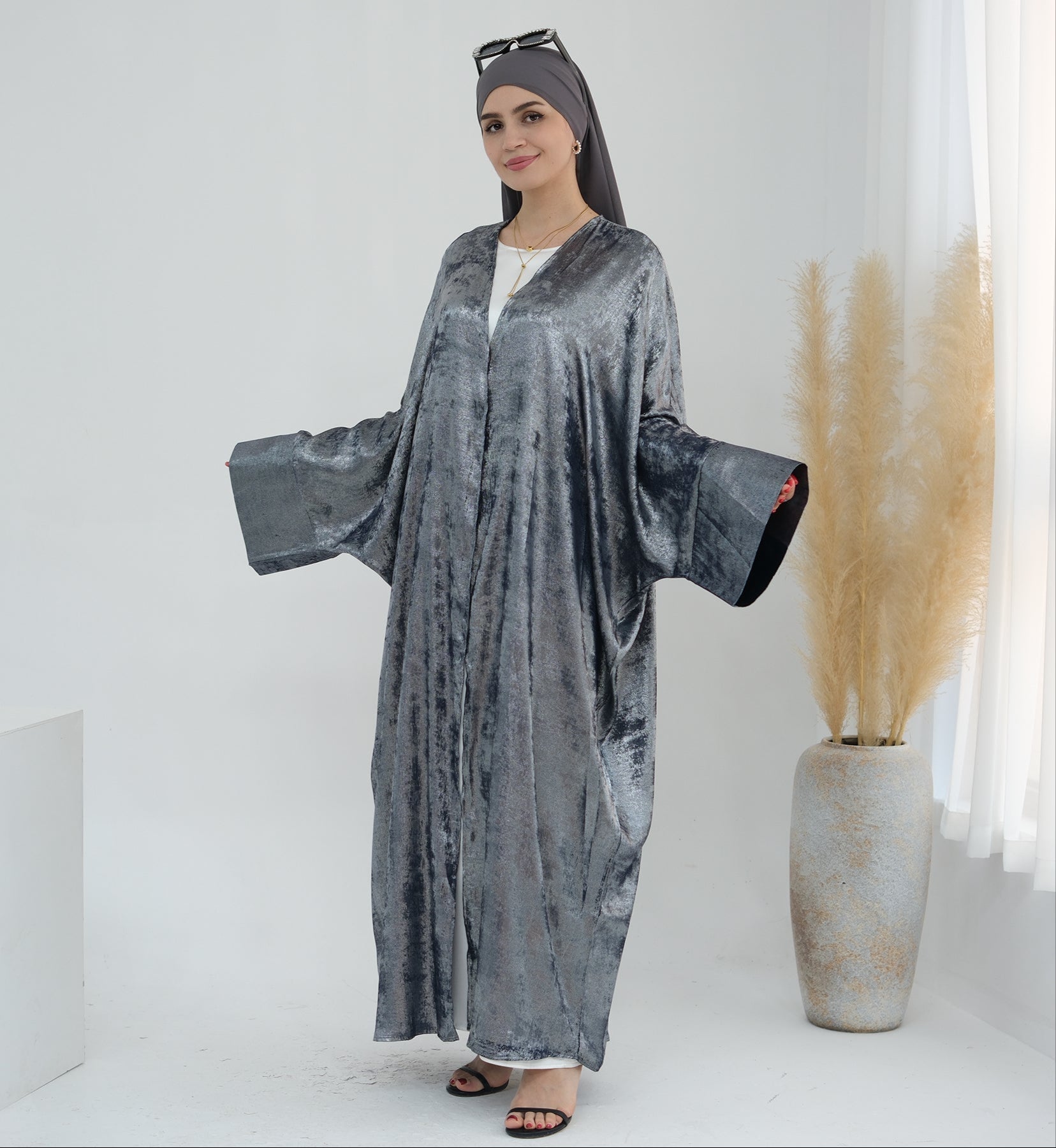 Draya Shimmer Kimono Open Abaya Silver - Elegant Muslim Women's Prayer Dress for Special Occasions & Evening Events