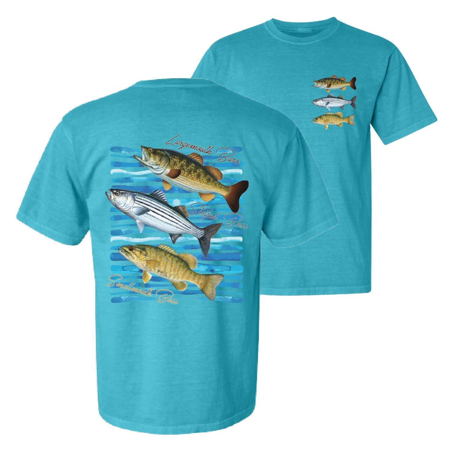 Premium Bass Fishing T-Shirt for Men - Largemouth, Striped & Smallmouth Bass Design - Garment-Dyed Washed Look Short Sleeve Tee - Perfect for Fishing Trips, Outdoor Adventures & Casual Wear
