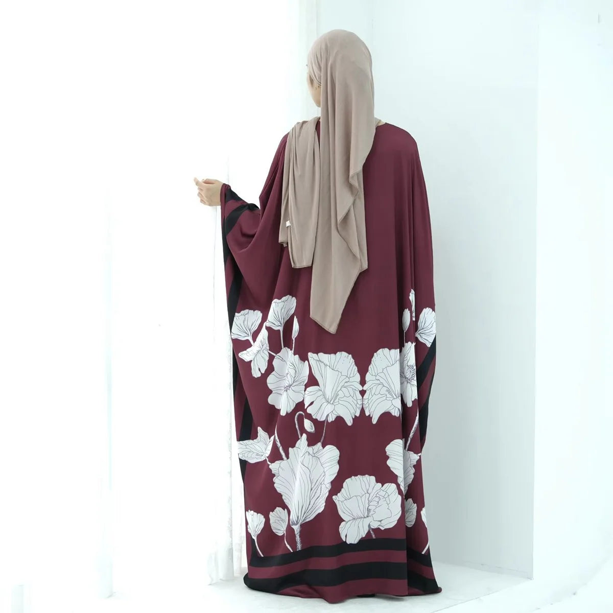 Elegant Satin Abaya Dress with Butterfly Sleeves - Floral Printed Islamic Prayer Dress in Maroon, Green, Pink & White - Perfect for Eid, Ramadan & Special Occasions