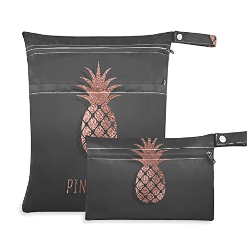 Waterproof Reusable Wet Dry Bag with Two Zippered Pockets - Gold Rose Pineapple Design for Diapers, Swimsuits & Toiletries | Perfect for Travel, Pool & Beach Days