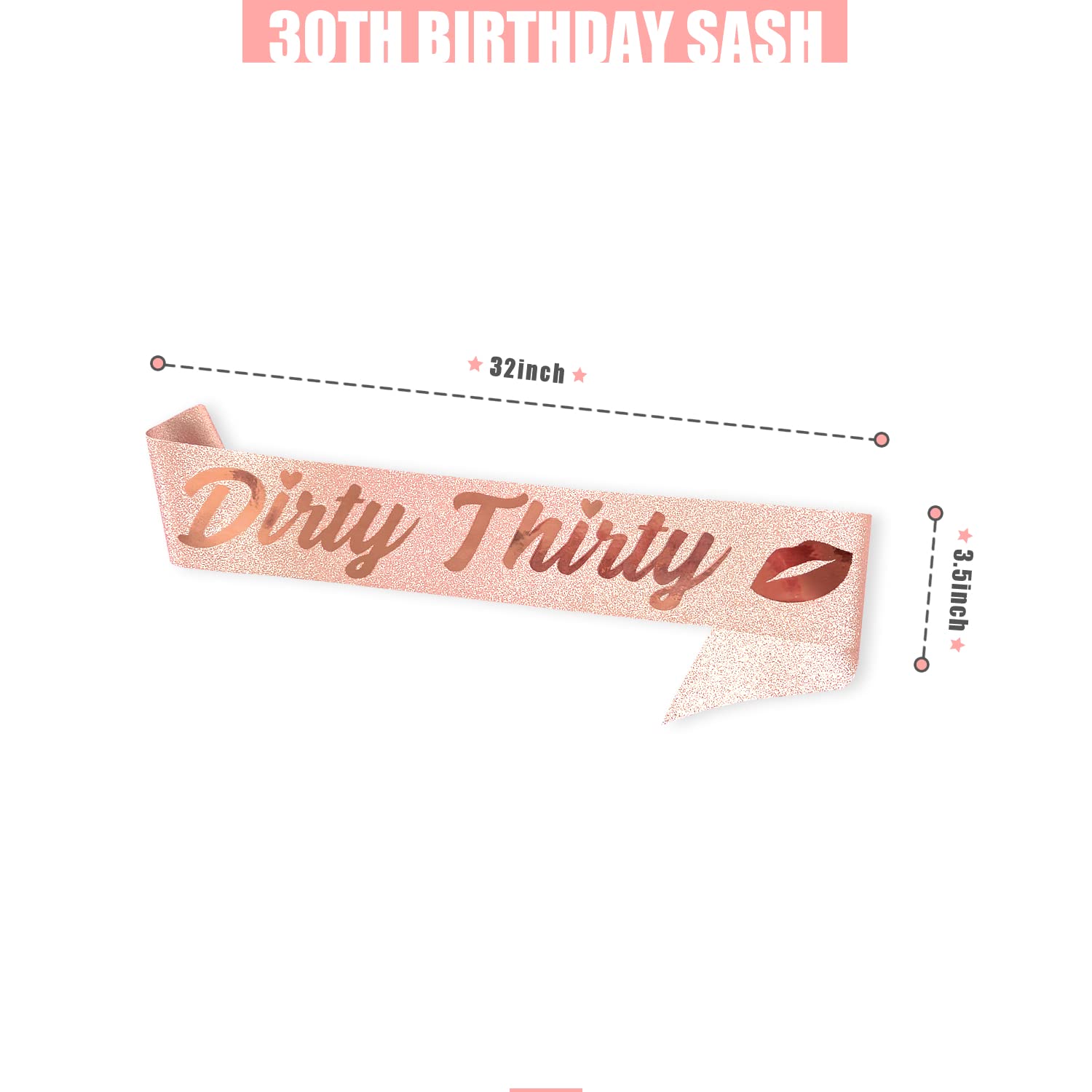 PartyForever 30th Birthday Decorations - Dirty Thirty Rose Gold Sash (32 Inch) for Women's Milestone Celebration | Perfect for 30th Birthday Parties, Bachelorette Events & Photo Props