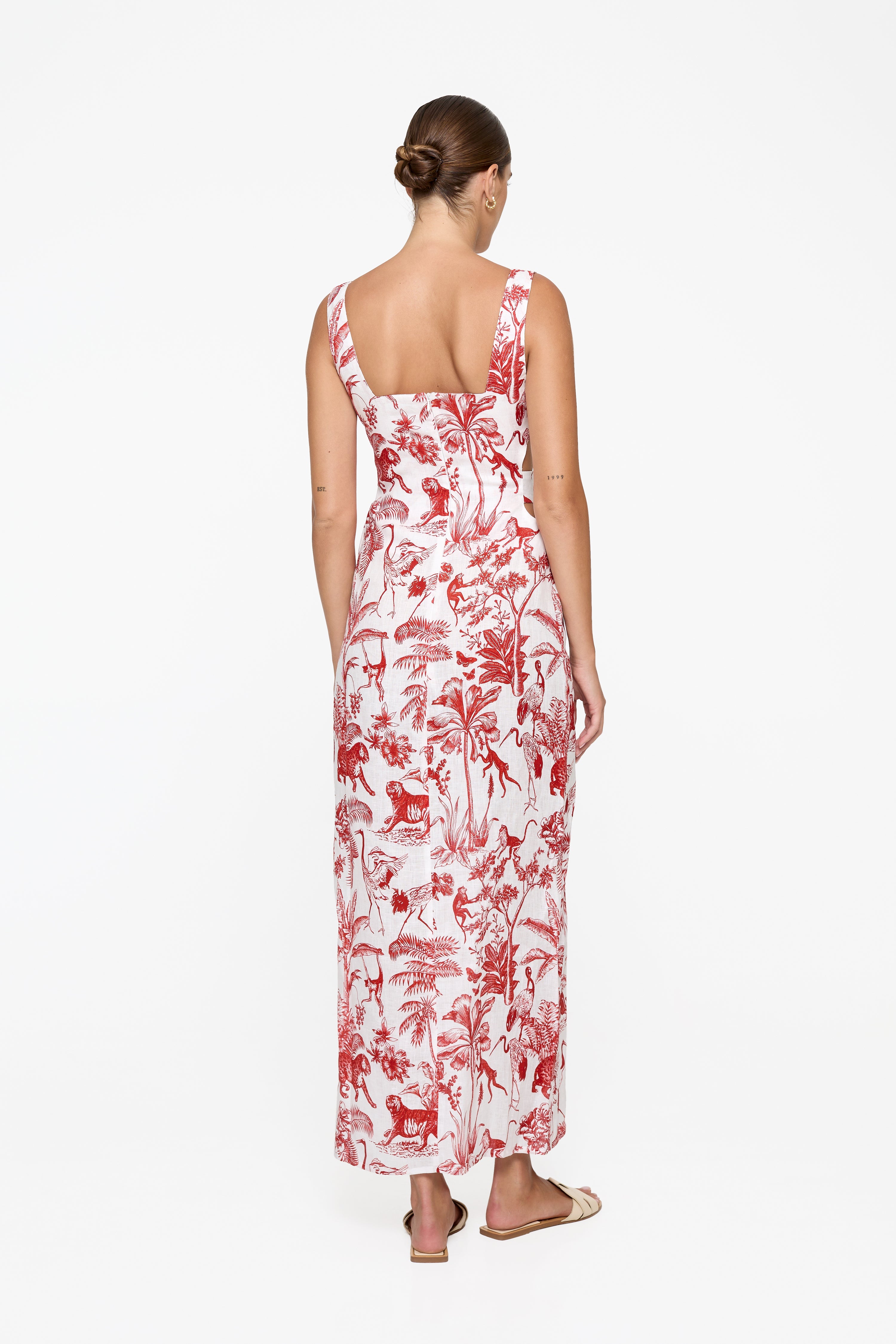Evie Cutout Maxi Dress - Red Toile Linen Summer Dress for Women | Flowy Bohemian Beach Dress for Vacation, Date Night & Outdoor Parties