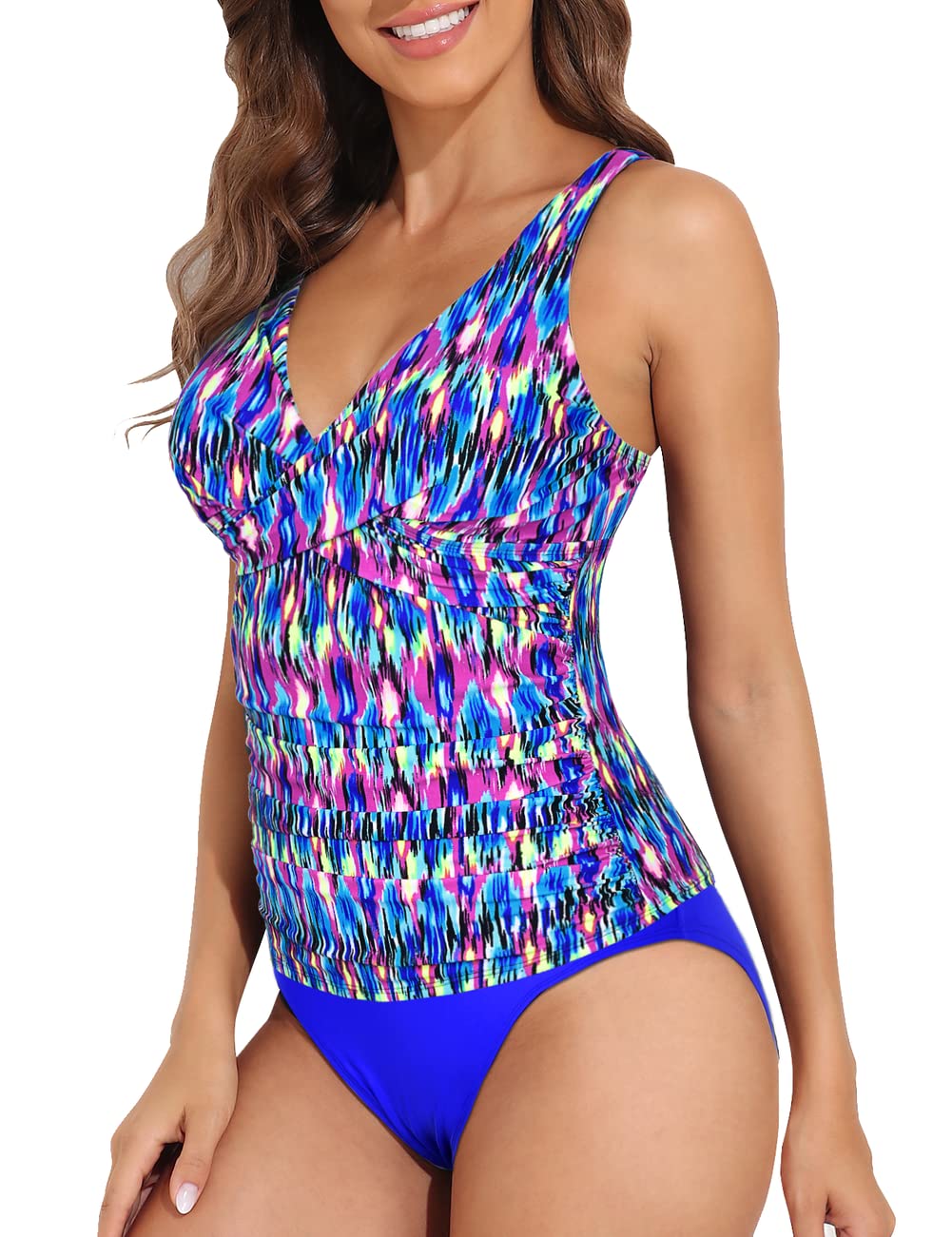 Hilor Women's Tankini Swimsuits - Front Twist V Neck Tummy Control Two Piece Bathing Suits | Shirred Swimwear for Beach, Pool & Vacation