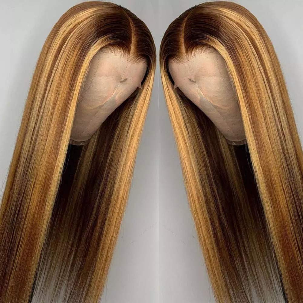 West Kiss Highlight Lace Front Wig Human Hair - 18 Inch Honey Blonde Straight Glueless Wig with 4x4 Closure | Pre-Plucked Natural Hairline | Perfect for Black Women | Everyday Wear, Parties & Special Occasions