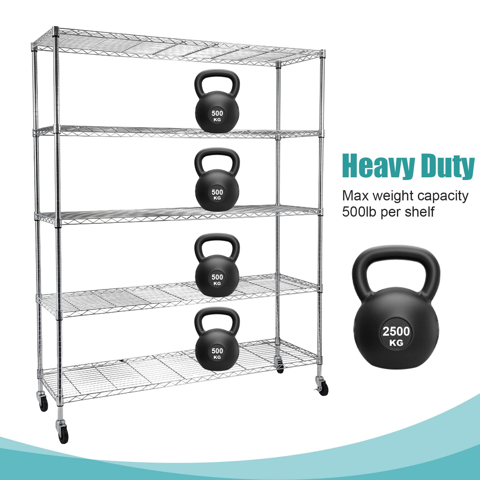 5-Tier Heavy Duty Adjustable Wire Shelving Unit with Wheels - 59