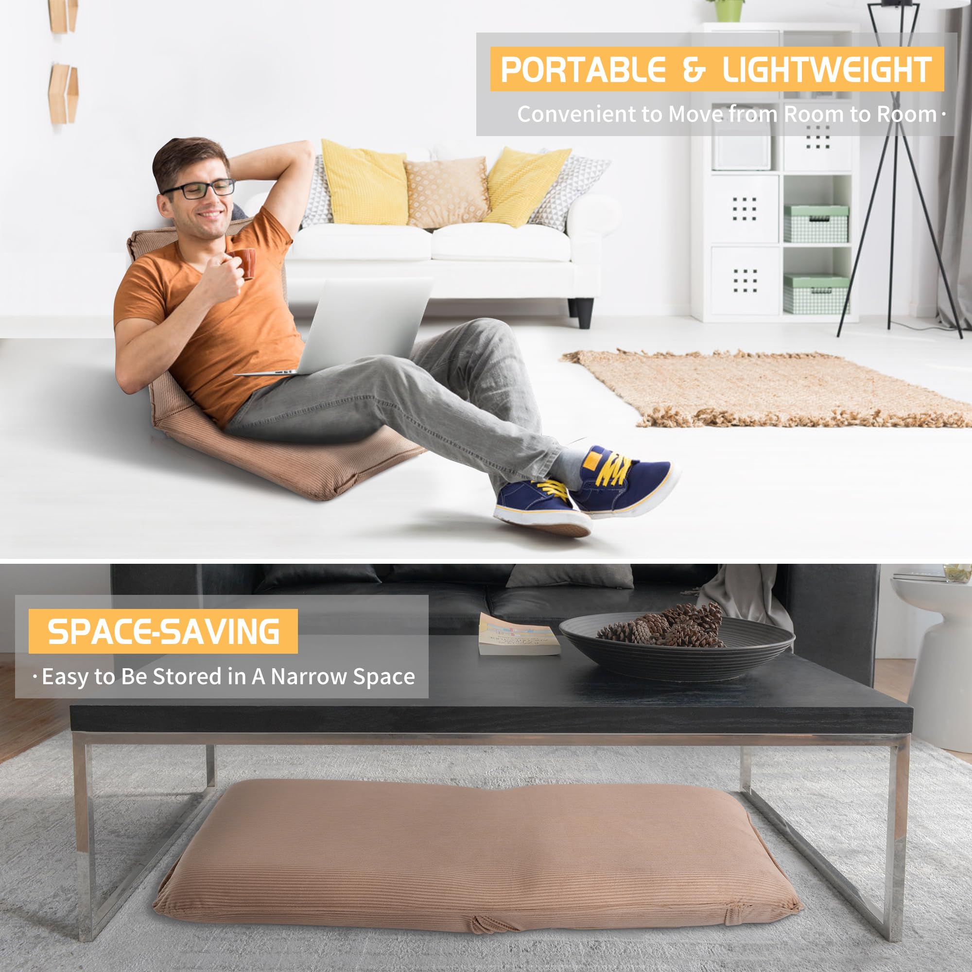 Sundale Adjustable Folding Floor Chair - 5-Position Padded Gaming & Meditation Chair with Back Support, Indoor Chaise Lounge for Adults (Tan) - Perfect for Bedroom Relaxation, Gaming Sessions & Yoga Practice