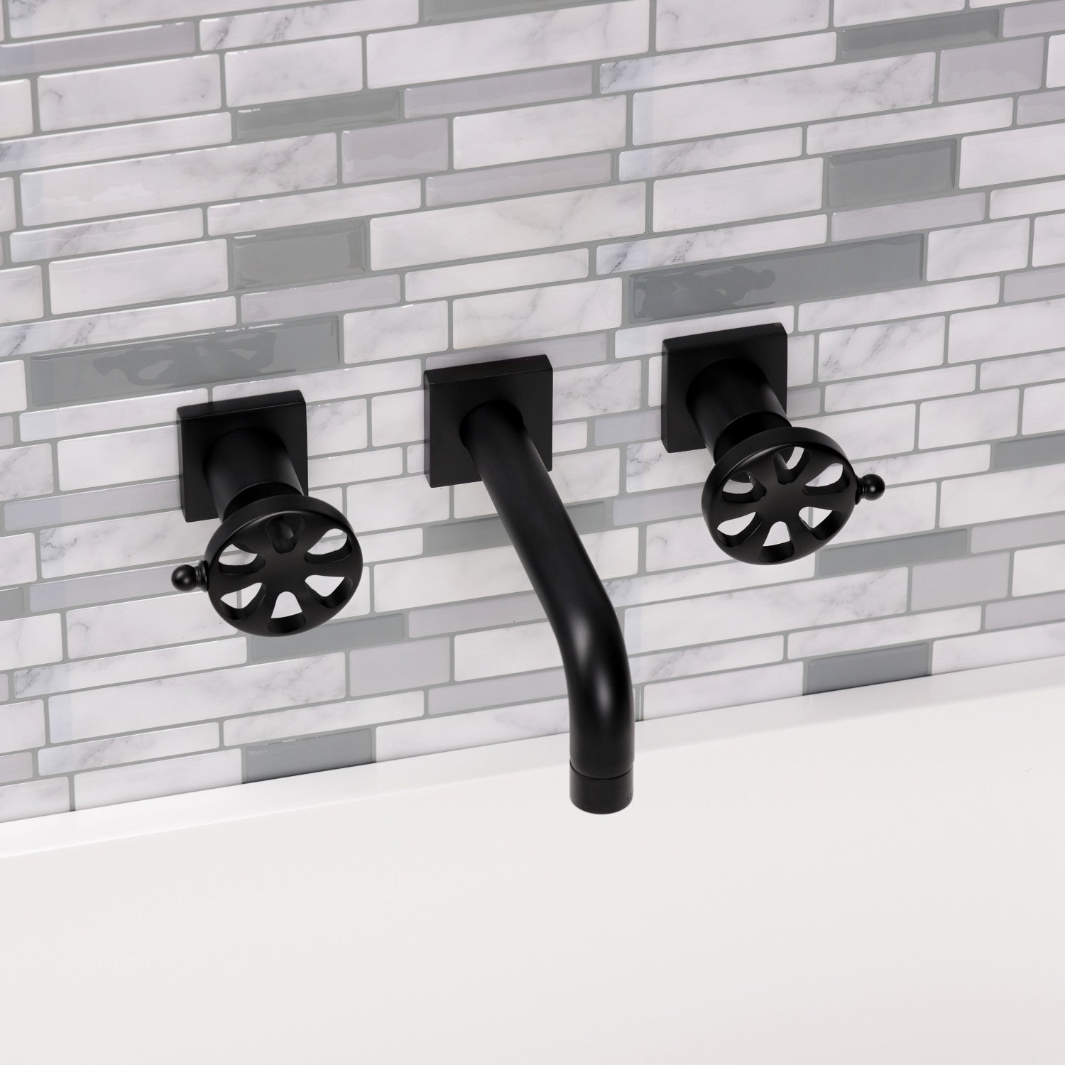 Belknap KS6120RX Matte Black Double Handle 3-Hole Wall Mount Bathroom Faucet - Perfect for Modern Bathrooms & Powder Rooms