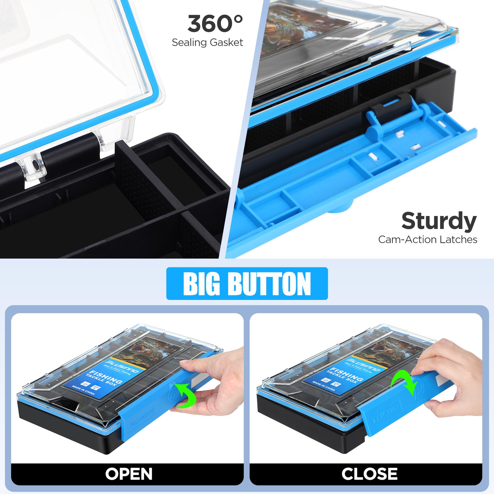 PLUSINNO Waterproof Fishing Tackle Box Organizer with Removable Dividers - 1 or 2 Pack Lure Storage Box for Terminal Tackle & Fishing Gear - Perfect for Freshwater, Saltwater & Boat Fishing Trips