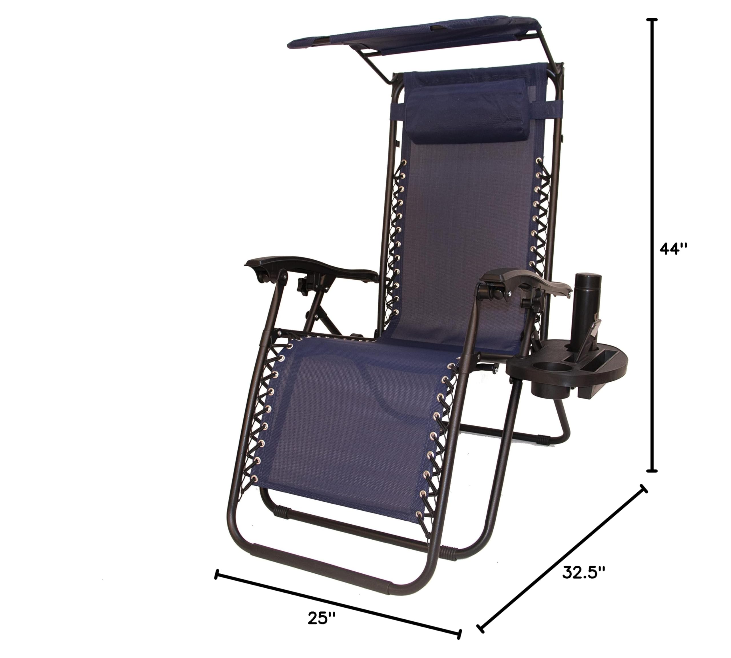 BTEXPERT Set of 2 Adjustable Steel Mesh Zero Gravity Lounge Chairs - Outdoor Patio Recliners for Beach, Yard & Garden with Pillow, Sunshade & Utility Tray - Blue with Canopy - Perfect for Poolside Relaxation, Backyard Lounging & Beach Vacations