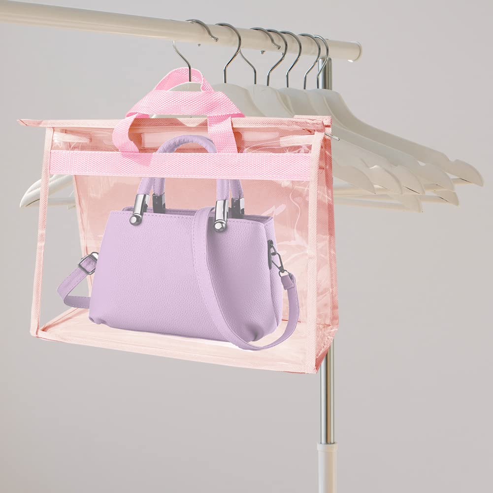 12 Pack Clear Dust Bags for Handbags - Waterproof Purse Storage Organizer with 12 Hooks, 4 Sizes Dust Cover Protector for Closet Organization (Pink) | Perfect for Travel, Home Storage & Luxury Bag Protection