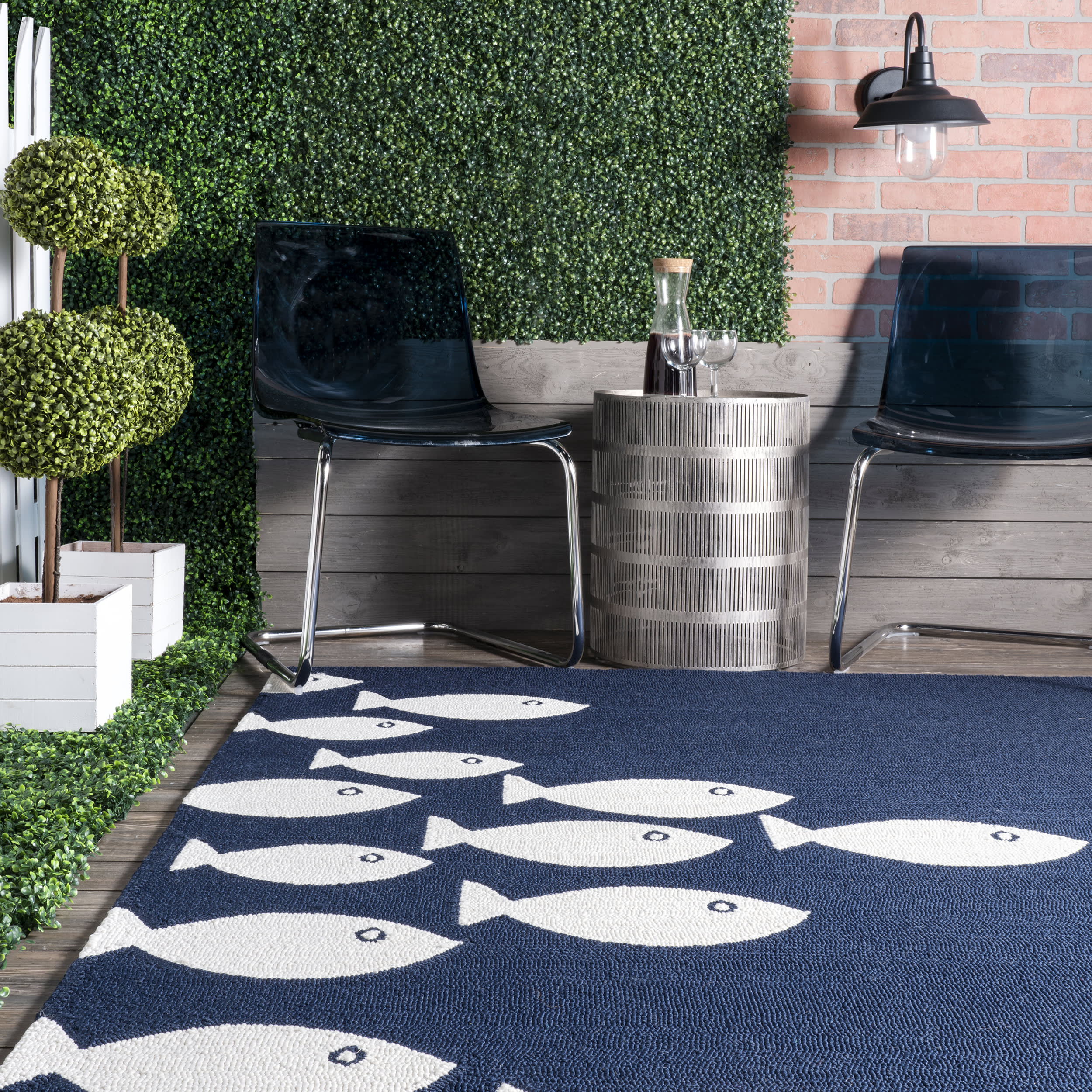 Non-Slip Navy Fish Print Indoor/Outdoor Rug - Waterproof & Durable Floor Mat for Patio, Deck, Poolside, Bathroom, or Kids Room Decor