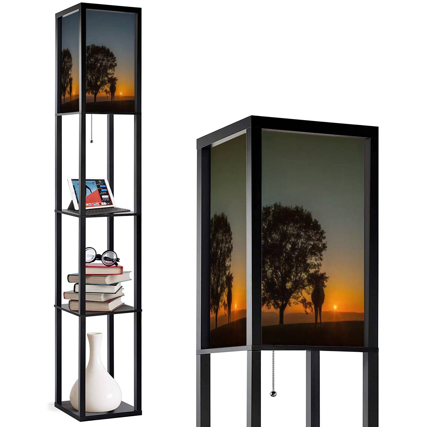 Corner Floor Lamp with Shelves - Japanese Nara Sunset & Deer Design, Tall Standing Lamp with Linen Shade, 3-Color LED Lighting for Living Room & Bedroom - Perfect for Kids' Rooms, Reading Nooks & Cozy Corners