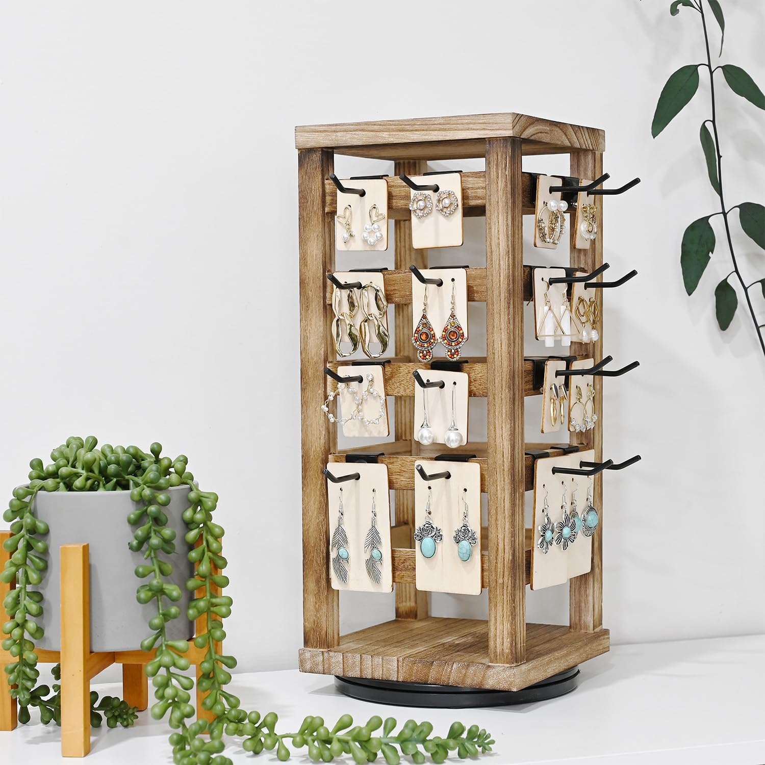 Ikee Design Wood Rotating Jewelry Display Stand with 42 Removable Hooks - 5-Tier Earring Organizer in Oak Finish for Boutique, Home & Retail Store Display