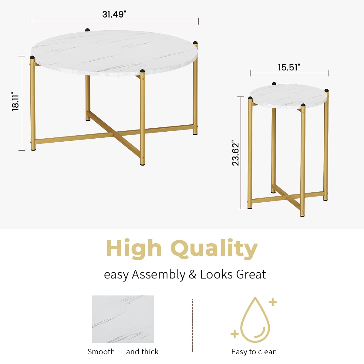 DKLGG Faux Marble Coffee Table Set of 3 - Round Coffee Table & 2 End Tables with Sturdy Metal Frame, Modern Sofa Side Tables for Living Room, Apartment, Lounge | Perfect for Coffee, Books & Decor Display