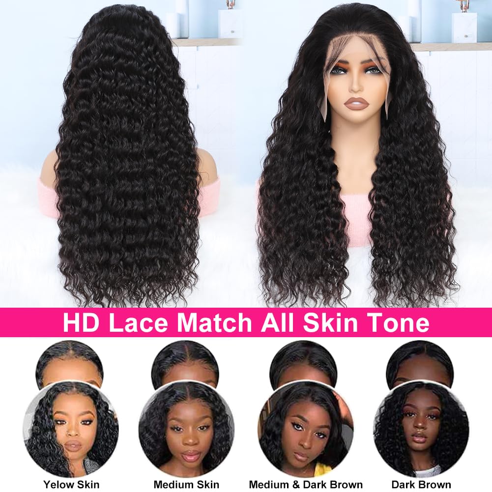 13x6 Deep Wave Lace Front Wigs Human Hair - Pre Plucked & Bleached HD Lace Frontal Wig with Baby Hair - 180% Density 28 Inch Natural Black Curly Hair for Women - Perfect for Daily Wear, Cosplay & Special Occasions
