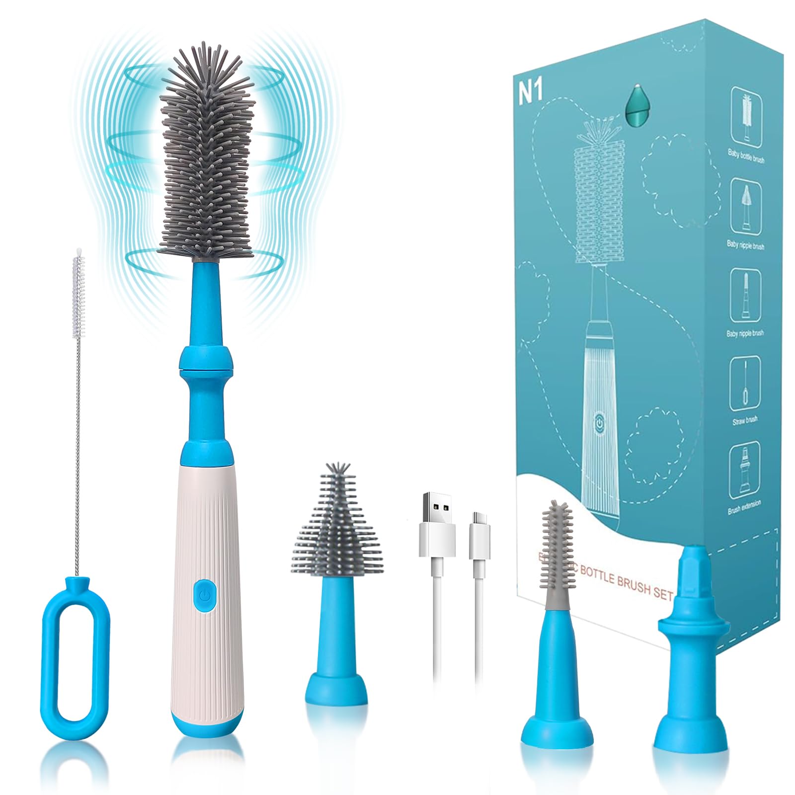 Electric Baby Bottle Brush Cleaner Set - Waterproof 1500mAh Rechargeable Silicone Brush for Bottles, Pacifiers & Straws | 4-Piece Multifunctional Cleaning Kit for New Moms (Blue) | Perfect for Nursery, Travel & Quick Cleaning