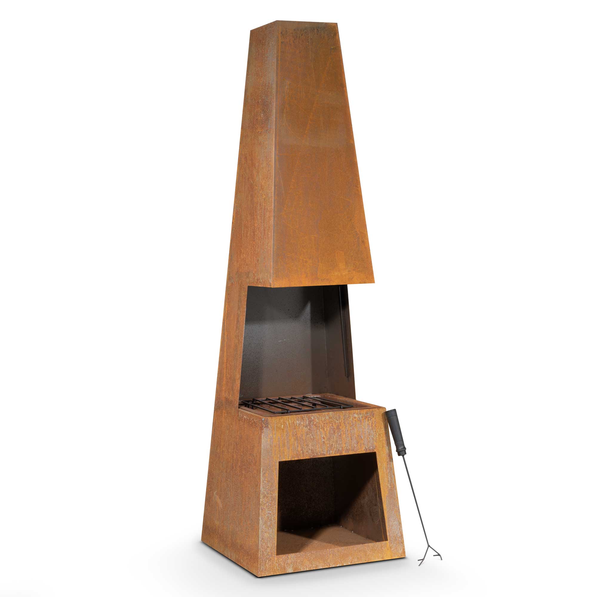 Outdoor Pyramid Chiminea Fire Pit - Corten Steel Fireplace Heater with Firewood Storage (Model DG108) - Perfect for Backyard, Patio, and Garden Gatherings