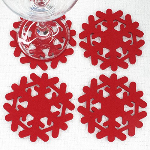 Snowflakes Felt Coasters Set of 4 - Red Holiday Drink Coasters for Christmas Parties, Winter Home Decor & Table Protection