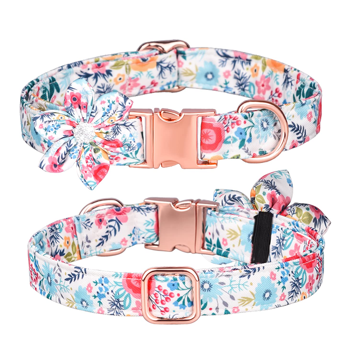 Floral Pattern Puppy Collar with Rhinestones - Adjustable Cute Dog Collar for Small Medium Large Dogs - Perfect for Daily Walks, Pet Photos & Special Occasions
