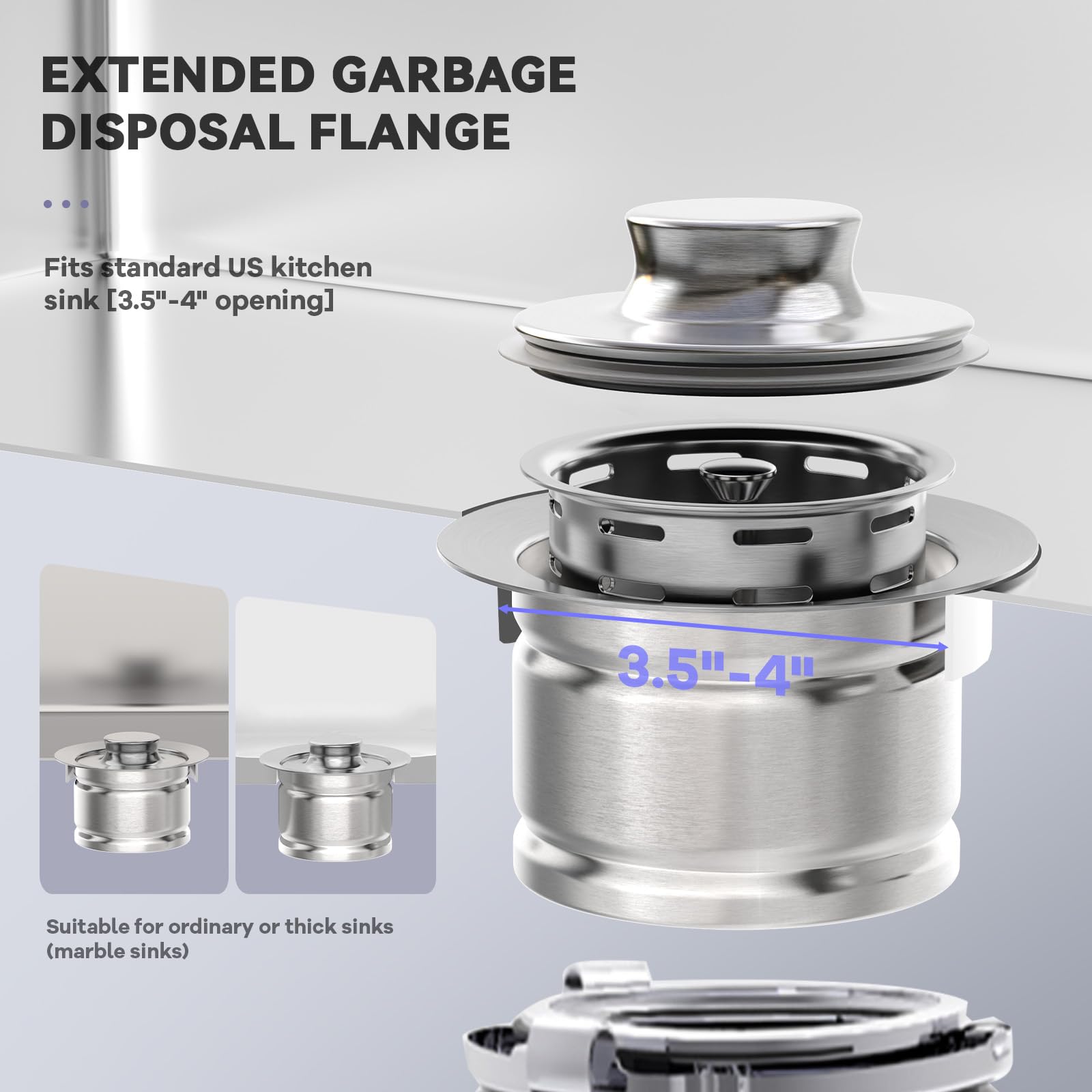 KONE Extended Garbage Disposal Flange with Strainer & Stopper - 304 Stainless Steel Kitchen Sink Flange for 3-1/2