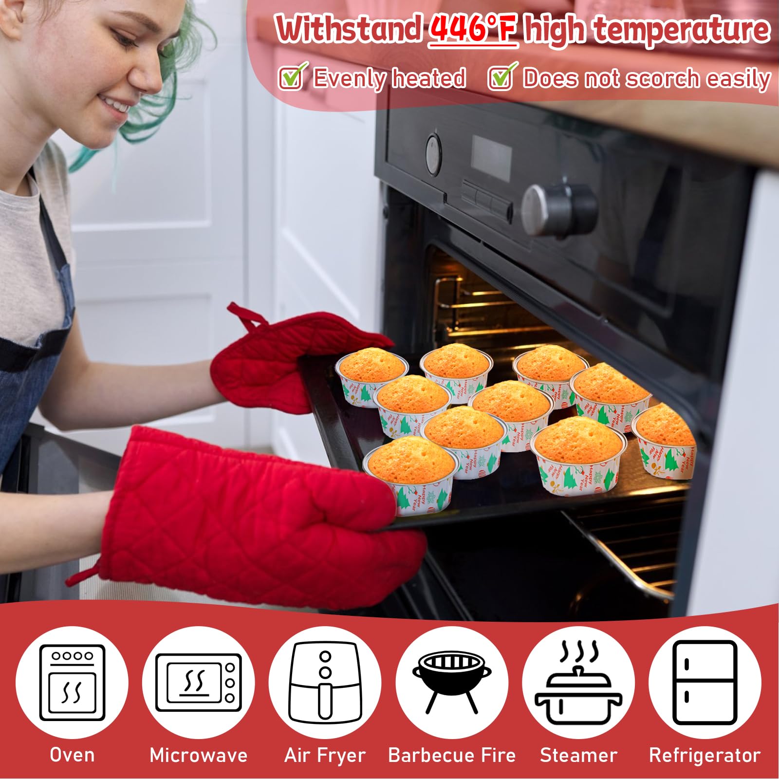 100-Pack Christmas Foil Cupcake Liners - 5oz Aluminum Baking Cups with Lids for Holiday, Birthday & Party Baking - Stackable, Portable Muffin Tins for Christmas Gifts, Home Baking & Dessert Displays