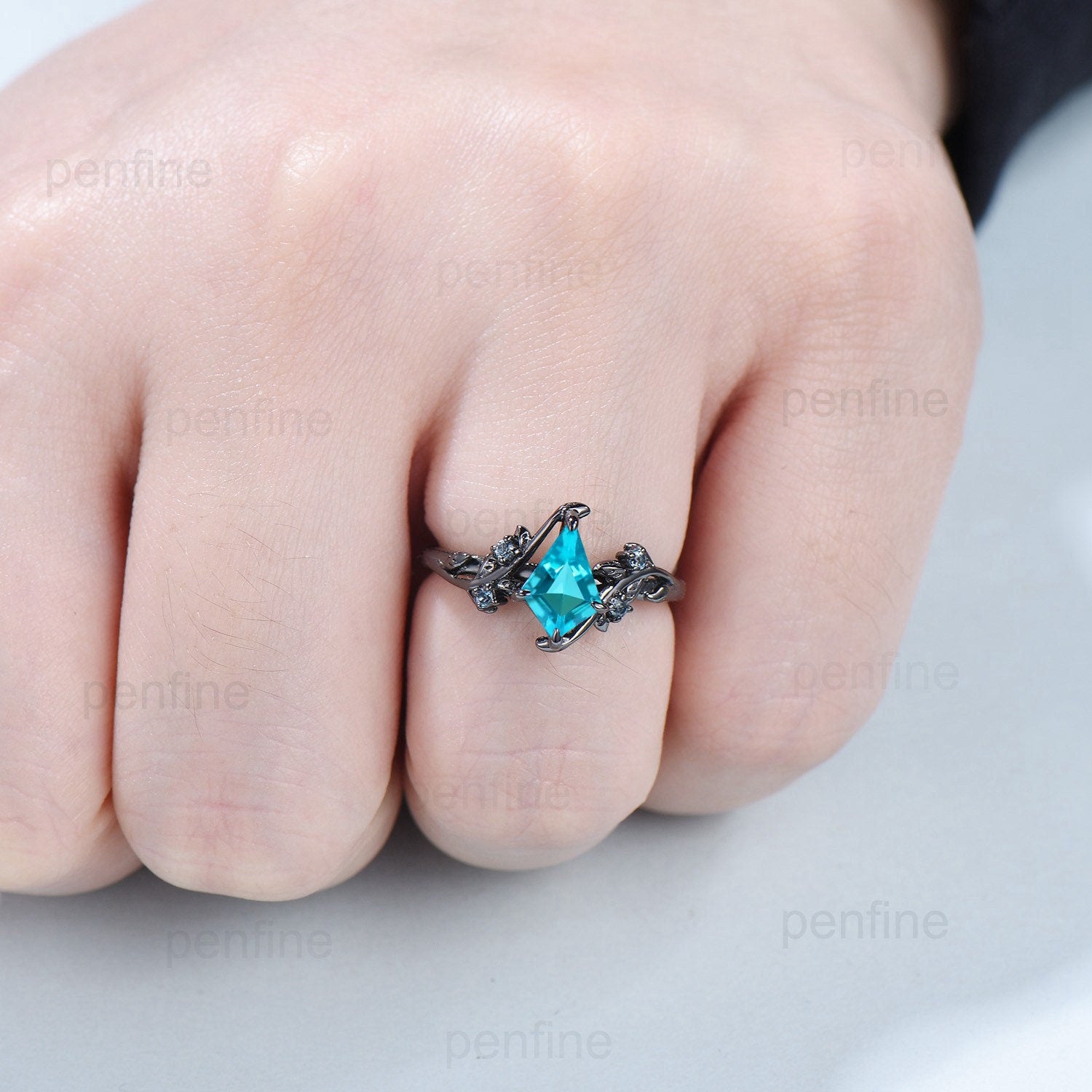 1 Carat Black Gold Lab-Created Paraiba Ring - Vintage Kite Cut Leaf Vine Design - London Blue Topaz Engagement Ring - Wedding Anniversary Gift for Her - Perfect for Proposals, Bridal Jewelry & Special Occasions
