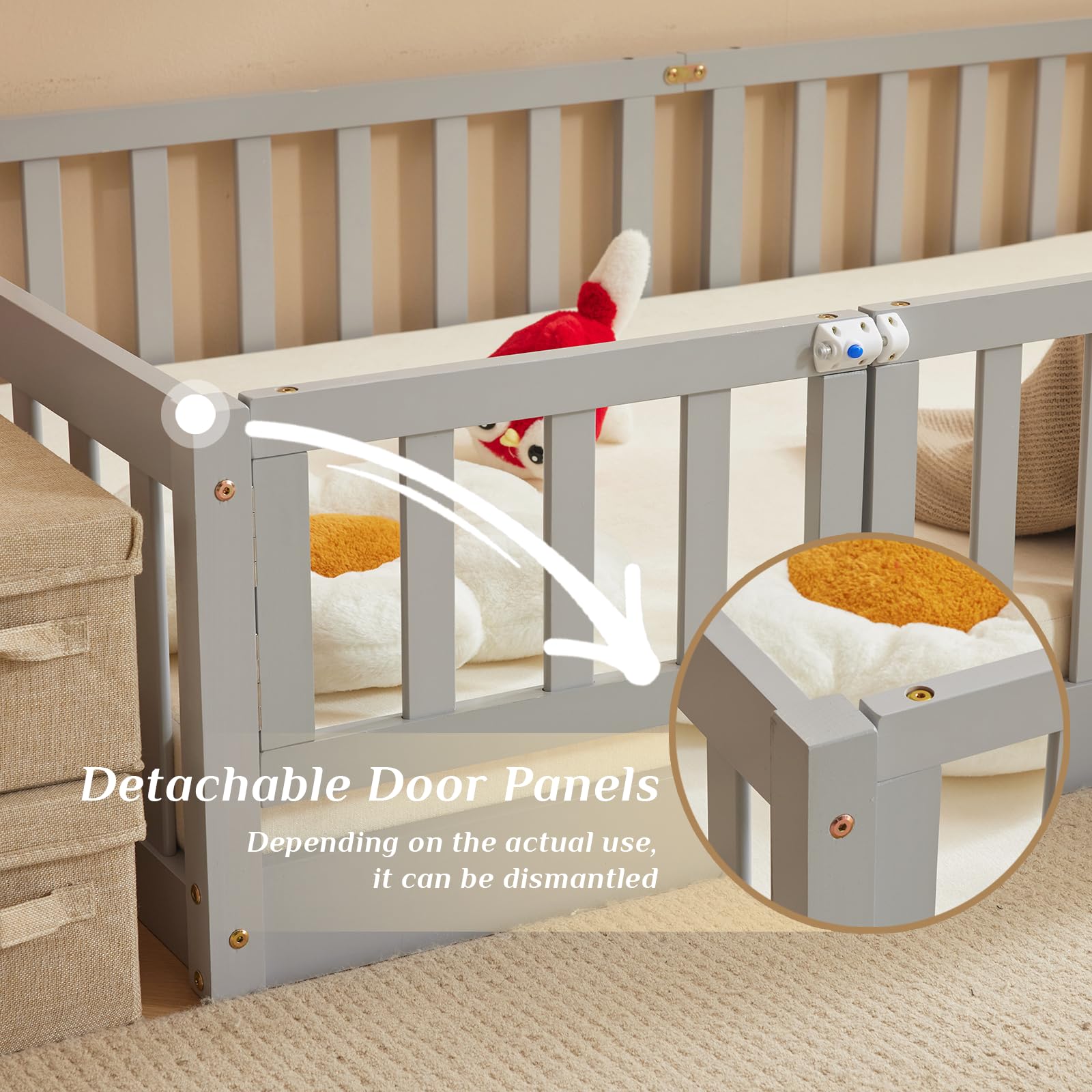 Montessori Toddler Floor Bed with Door & Safety Fence - Solid Wood Twin Bed Frame for Kids with 12 Slats & Guardrails - Grey (Perfect for Girls & Boys Bedroom, Playroom or Montessori Learning Space)